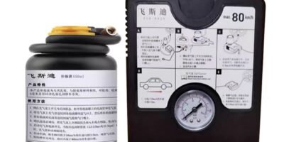 Kit reparación reumático con bomba de aire de 120W + 450ml fluido reparación